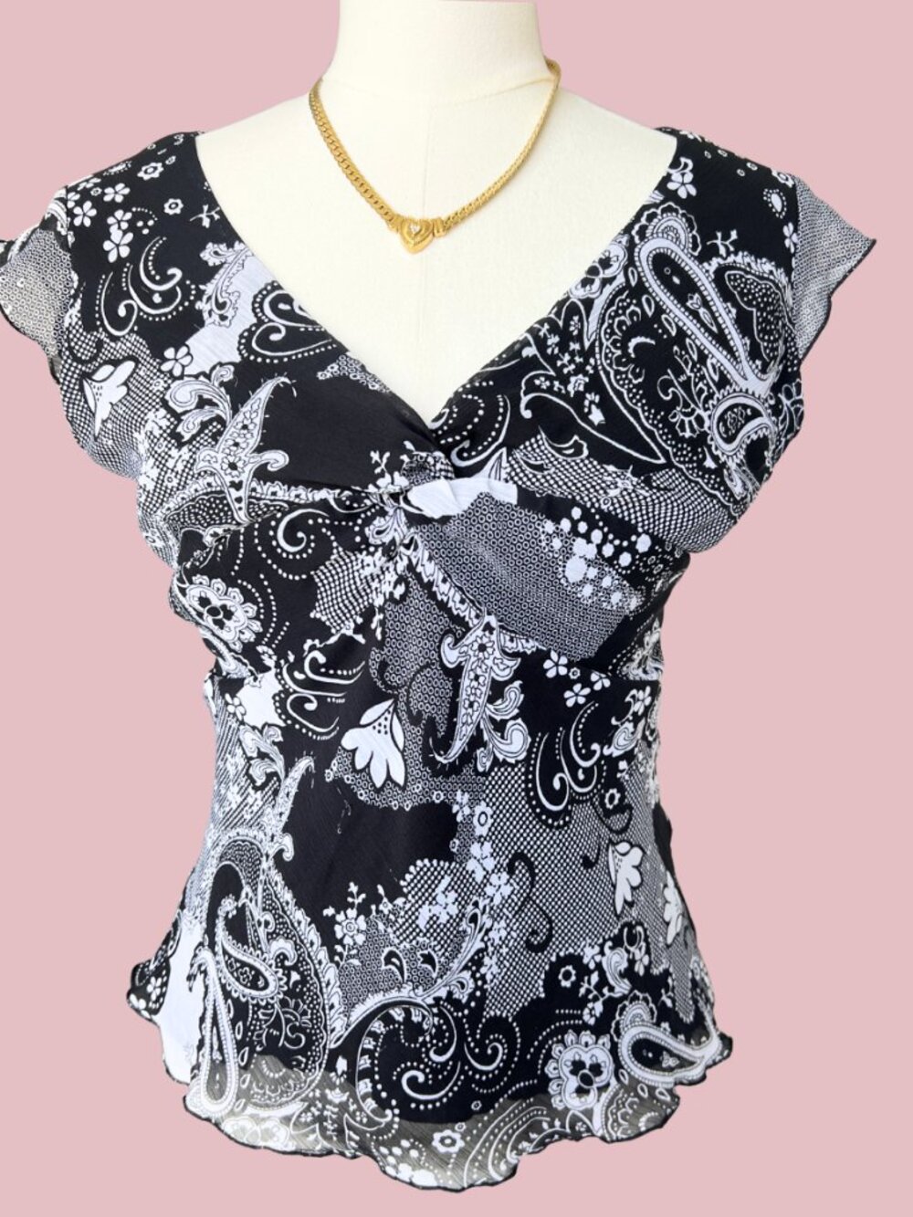 Vintage Y2K Black White Paisley Top